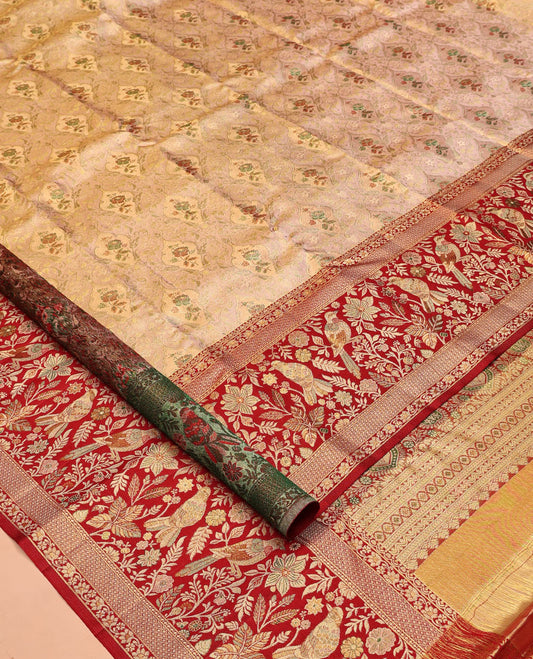Peach Floral Jacquard Kanchipuram Tissue Silk Saree, Complemented by a Contrast Floral-Bird Meenakari Border, Grand Pallu, and Contrast Blouse