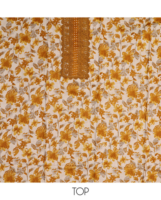 Yellow Material Chudidar Set, Adorned with Floral Motifs Print and Embroidery on Cotton Top, a Polka Dot Printed Cotton Bottom, and Paired with a Floral Printed Cotton Dupatta