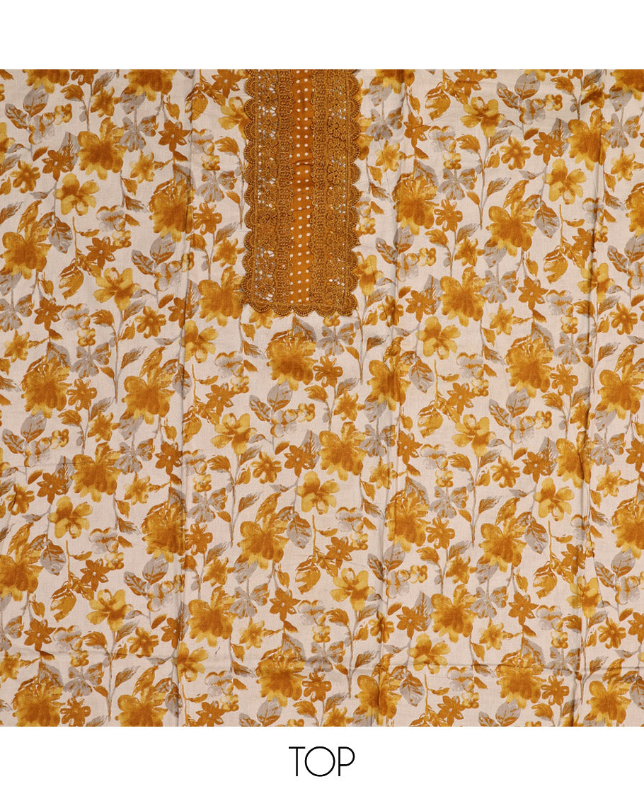 Yellow Material Chudidar Set, Adorned with Floral Motifs Print and Embroidery on Cotton Top, a Polka Dot Printed Cotton Bottom, and Paired with a Floral Printed Cotton Dupatta