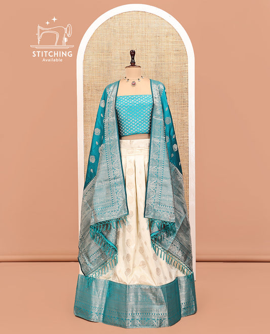Cream-Blue Art Silk Half Saree, Embellished with Zari Buttas Skirt, Contrast Traditional Border, Jacquard Blouse, and a Contrast Banaras Dhavani