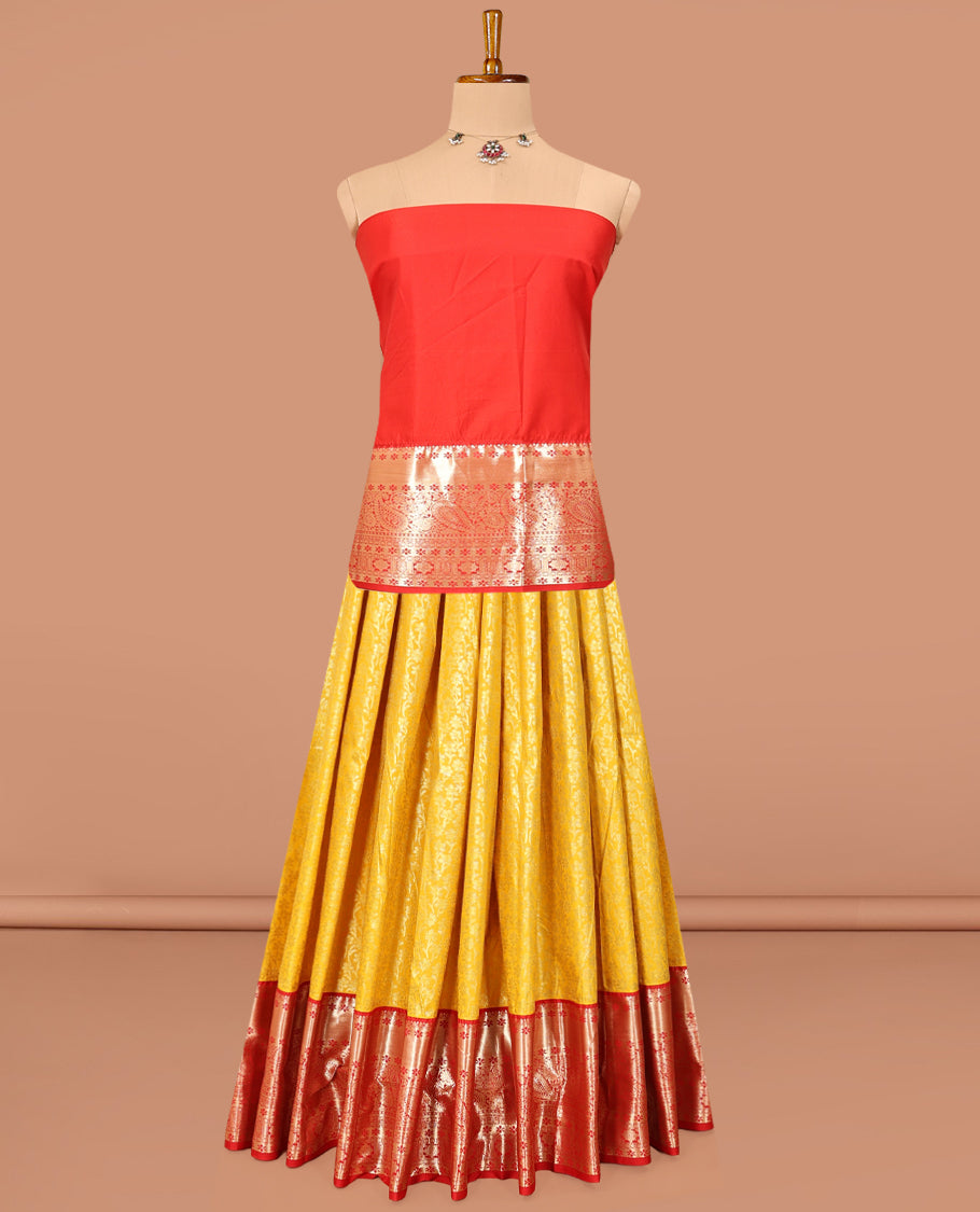 Yellow Art Silk Material Half Saree, Sparsely Sparkled with Jacquard Skirt, a Contrast Traditional Zari Border, Contrast Blouse, and an Intricate Dhavani