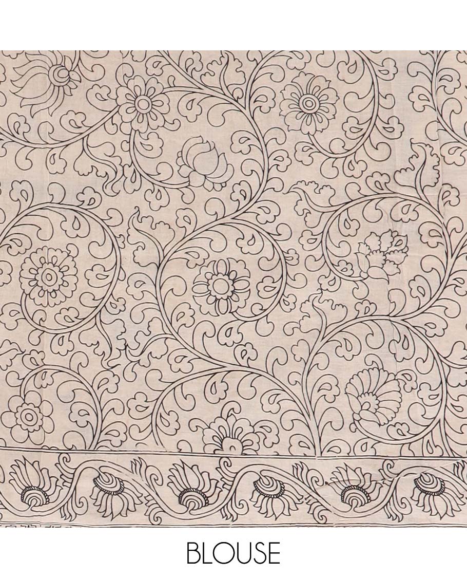 white human motifs machine printed kalamkari cotton saree with contrast peacock border & forest design pallu