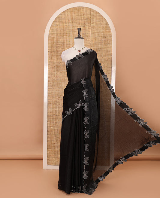 Black full-plain Fendi chiffon saree, scallop butterfly-style Swarovski stone work border & stone work matching blouse