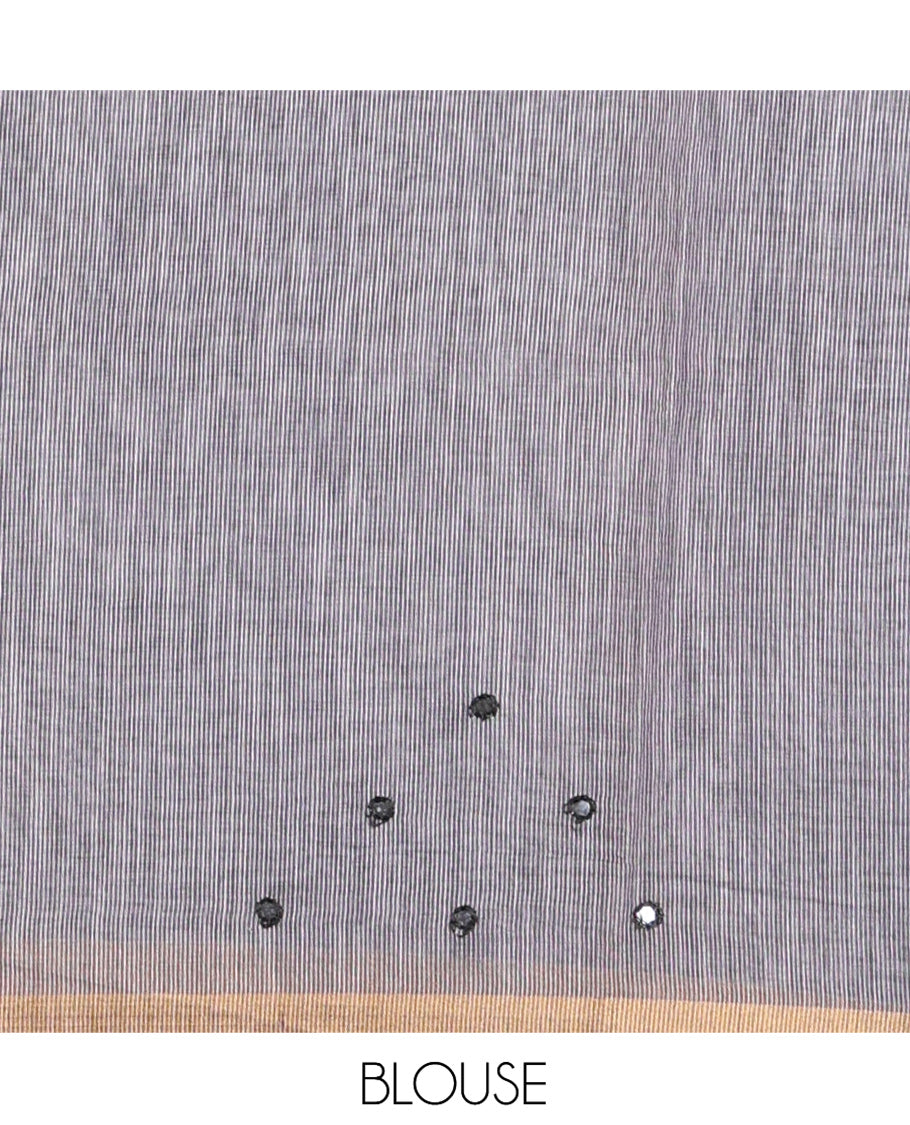Black Linen Cotton Saree Features Leaf Print and Mirrorwork, a Piping Border, Contrast Pallu, and a Matching Blouse