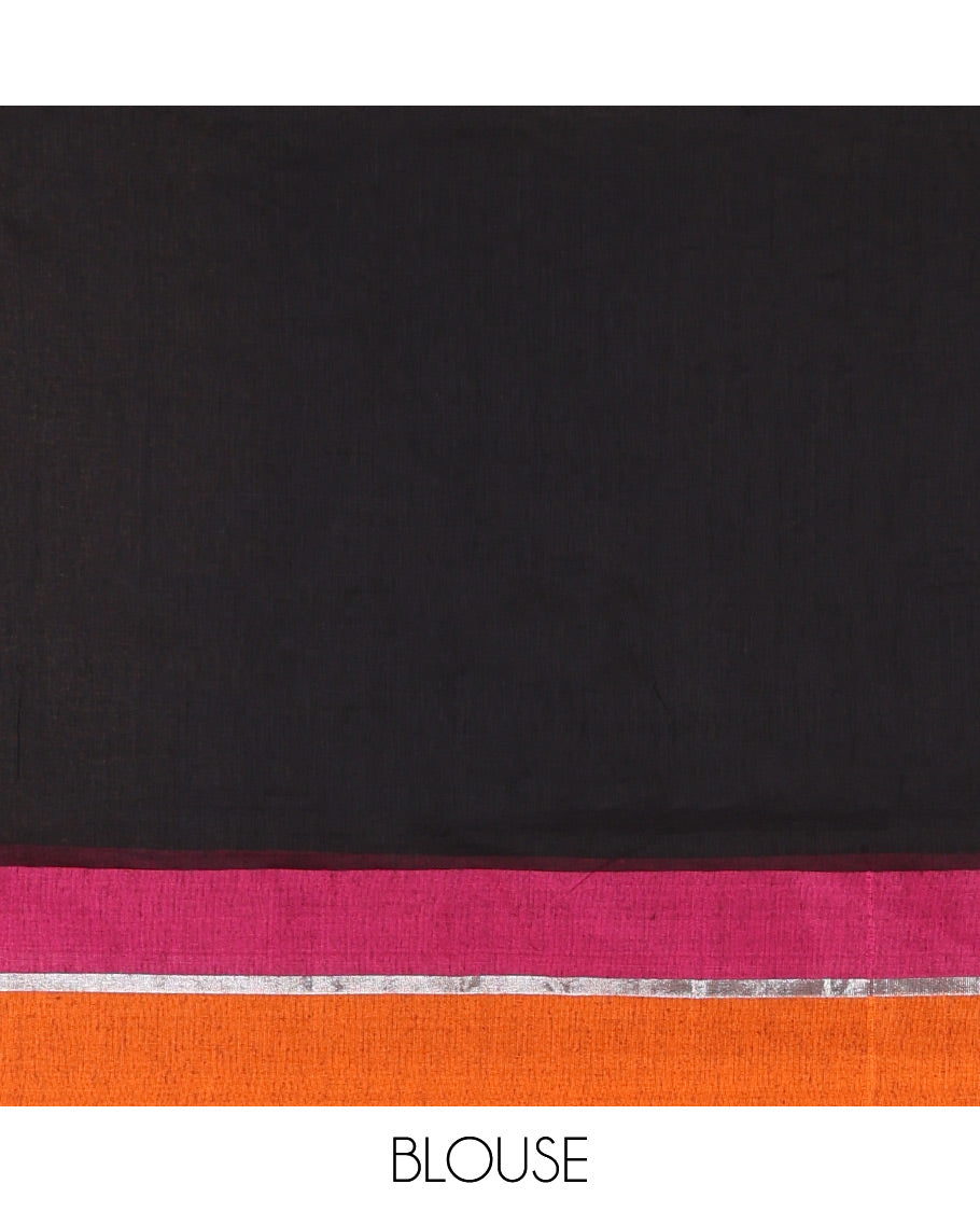 Black Plain Khadi Mul Cotton Saree, Complemented by Contrast Pink-Orange Border, Self-Pallu, and Paired with a Matching Blouse