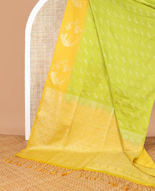 Light green leaf design soft silk saree with contrast zari design border & floral enclosed checked design pallu