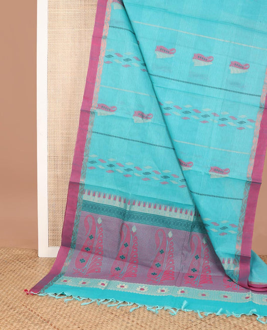 Light blue striped, floral design coimbatore cotton saree with contrast plain border & floral design pallu