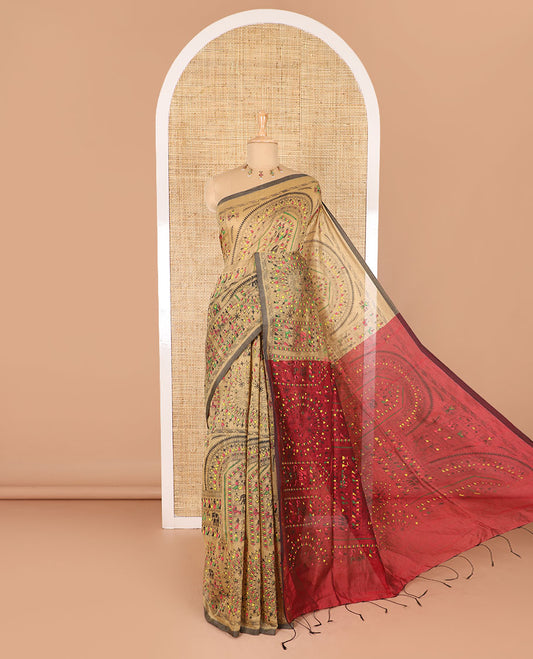 Borderless chikku and red Warli village printed khadi mul cotton saree, contrast Warli motifs printed pallu, and a plain blouse