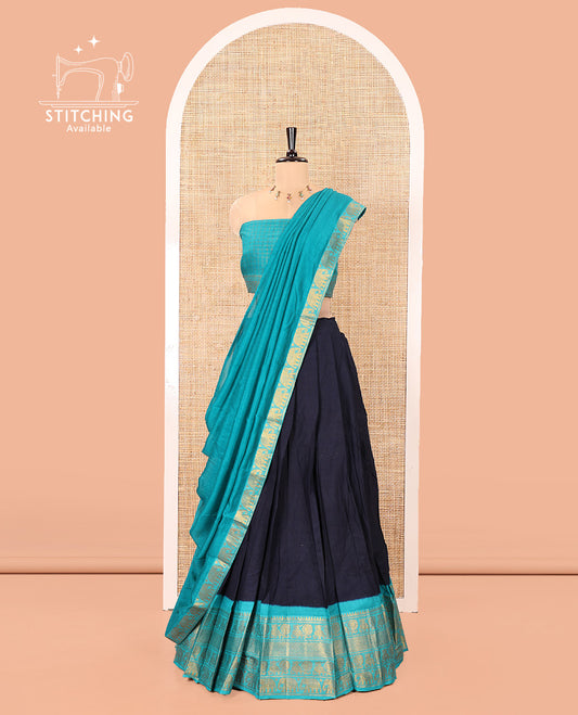 Blue and Green Plain Sungudi Cotton Half-saree, Complemented by Captivating Contrast Traditional Zari Border of Temple, Peacock, and Elephant Designs, Paired with a Contrast Zari Checked Blouse, and Comes with a Zari-Bordered Vichitra Silk Dhavani