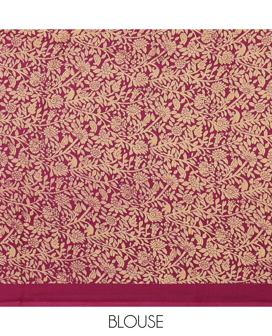 Purple plain gajji silk saree, double-sided position printed border & pallu of animal & human motifs, with floral printed blouse