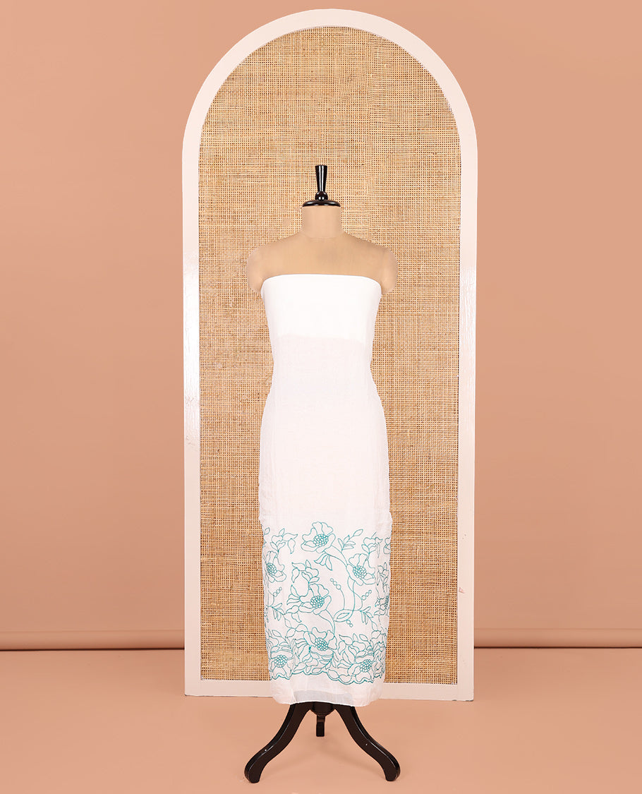 Cream-Firozi Blue Organza Material Chudidar, Floral Thread Embroidery Top, Contrast Bottom, and Embroidered Scallop Dupatta