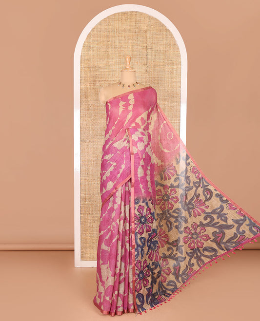 Borderless rani pink batik printed linen cotton saree, hand brush painting style floral vine printed pallu, and contrast floral printed blouse