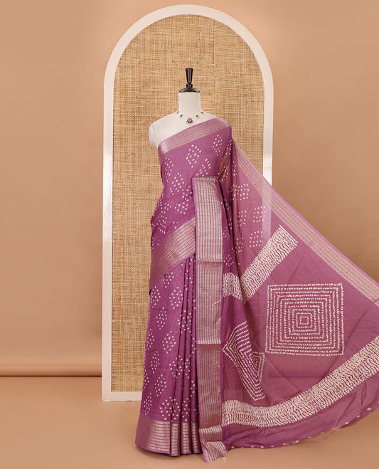 Purple Bandhani motifs printed viscose moss chiffon saree, zari design border, shibori-style pallu & blouse of zari & print work
