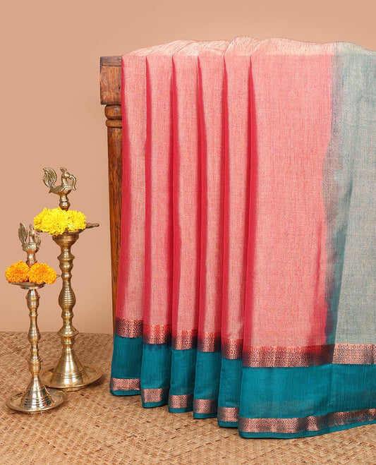 Pink kicha tissue saree with contrast zari bentex border & zari pallu along with contrast blouse