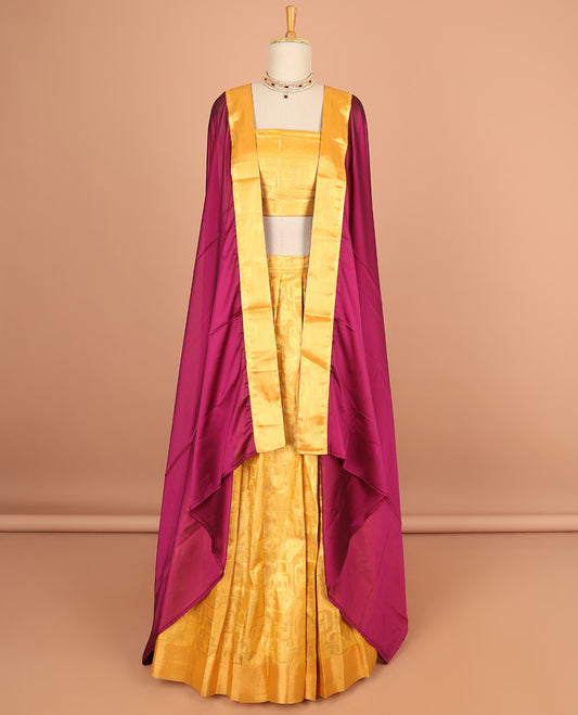Yellow floral jacquard half saree with self floral zaei design border , zari design blouse & plain, zari design border dhavani