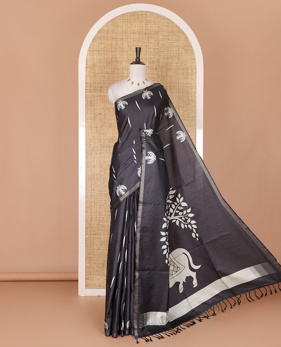 Black jasmine bud motifs printed kathan silk saree, double-headed eagle motif zari piping border, pichwai cow printed pallu, and floral printed blouse