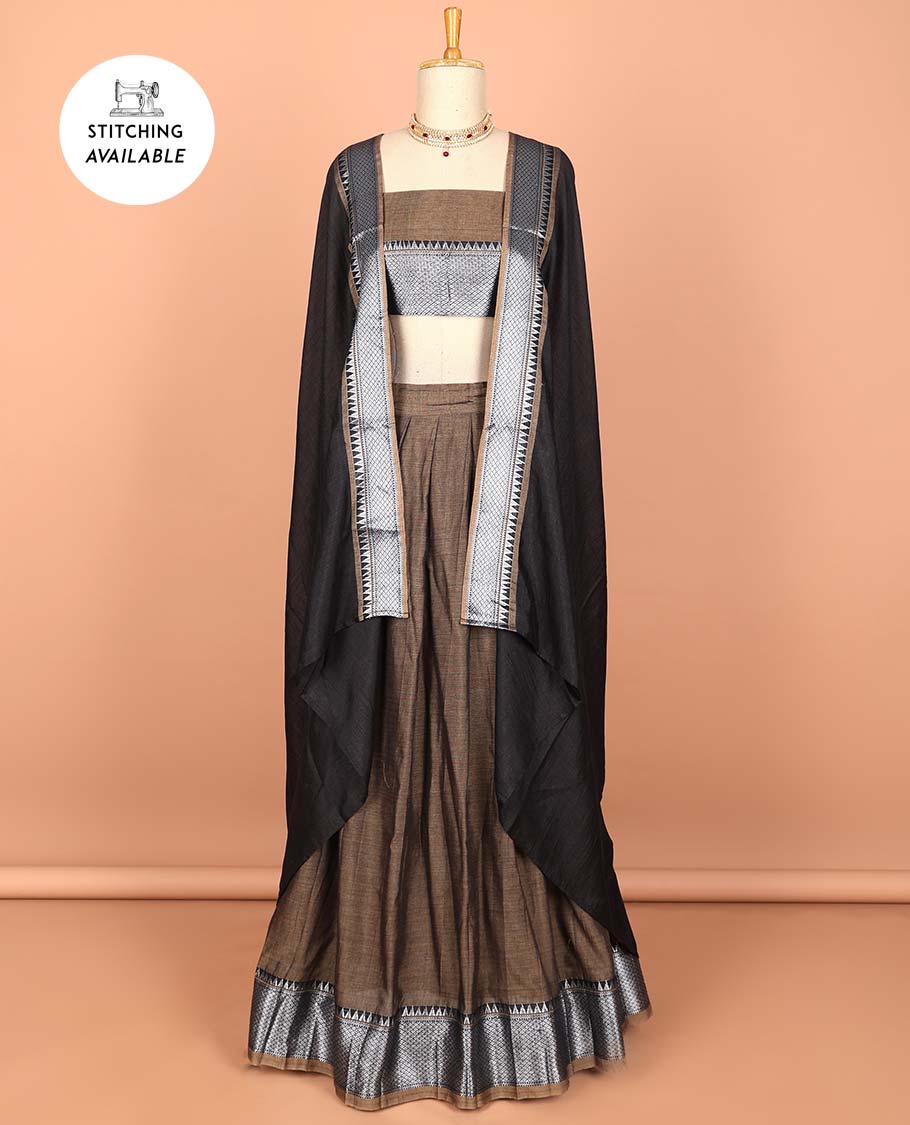 Green cotton half saree with contrast zari border, plain blouse & plain with zari border dhavani