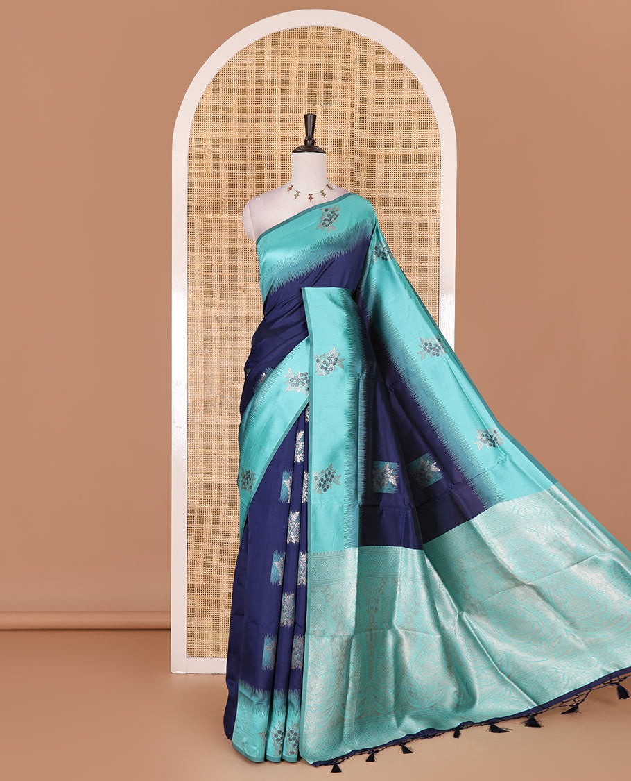 Navy blue-turquoise floral buttas elite soft silk saree, contrast floral buttas border, and pallu of Mughal-style intricate zari designs