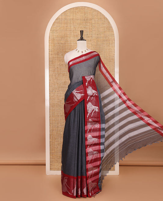 Grey full-plain Mercerised cotton saree, contrast sliver zari Dancing Bharatanatyam girl motifs woven border, striped pallu & plain blouse