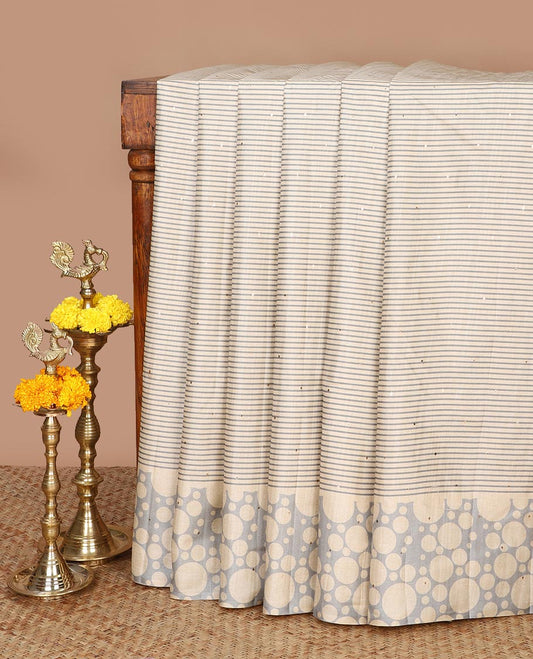 Chikku color with Grey stripes, block print fancy tussar silk saree with polka dot border & polka dot printed pallu along with printed blouse