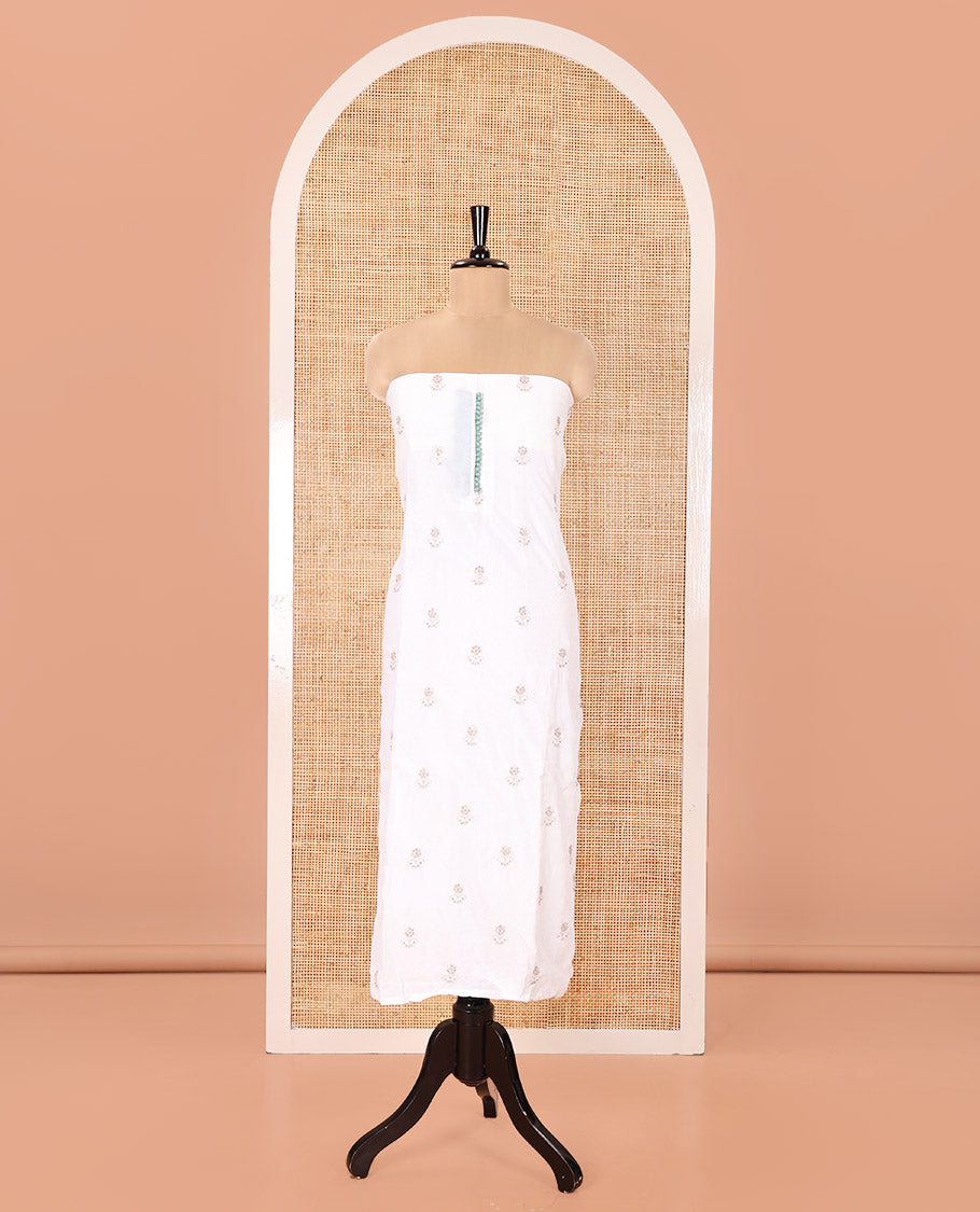 Cream with Green Vichitra Silk Material Chudidar Set, Elevated with Gold Zari Buttas On Its Top, a Plain Santoon Bottom, and Comes with a Floral Vine Sequins Embroidered Dupatta