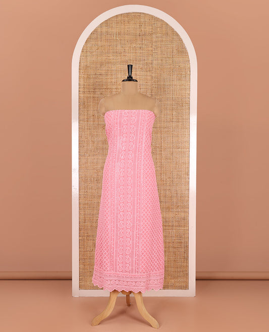 Dark peach material chudidar set, paisleys and jaal schiffli sequins embroidered mul georgette top, a matching bottom, and a mirror work dupatta