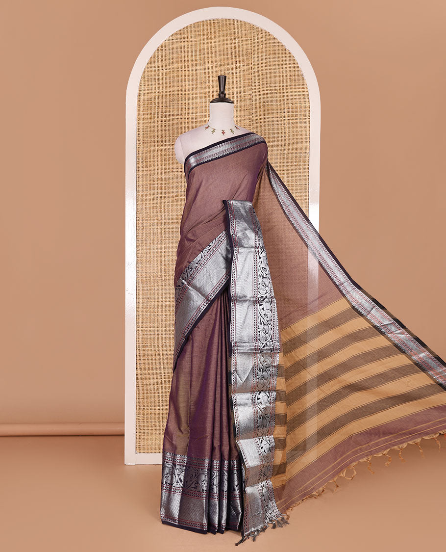Lavender plain mercerised cotton saree, contrast traditional zari border of elephant and peacock designs, striped pallu, and plain blouse