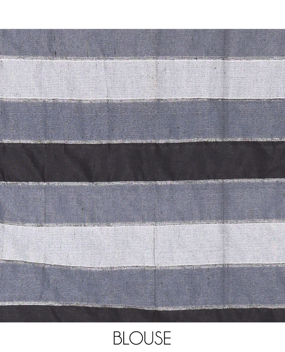 Grey Khadi Mul Cotton Saree, Beautified with Vertical Stripes All Over Its Body, Subtle Piping Border, a Self-Pallu, and Paired with a Matching Blouse