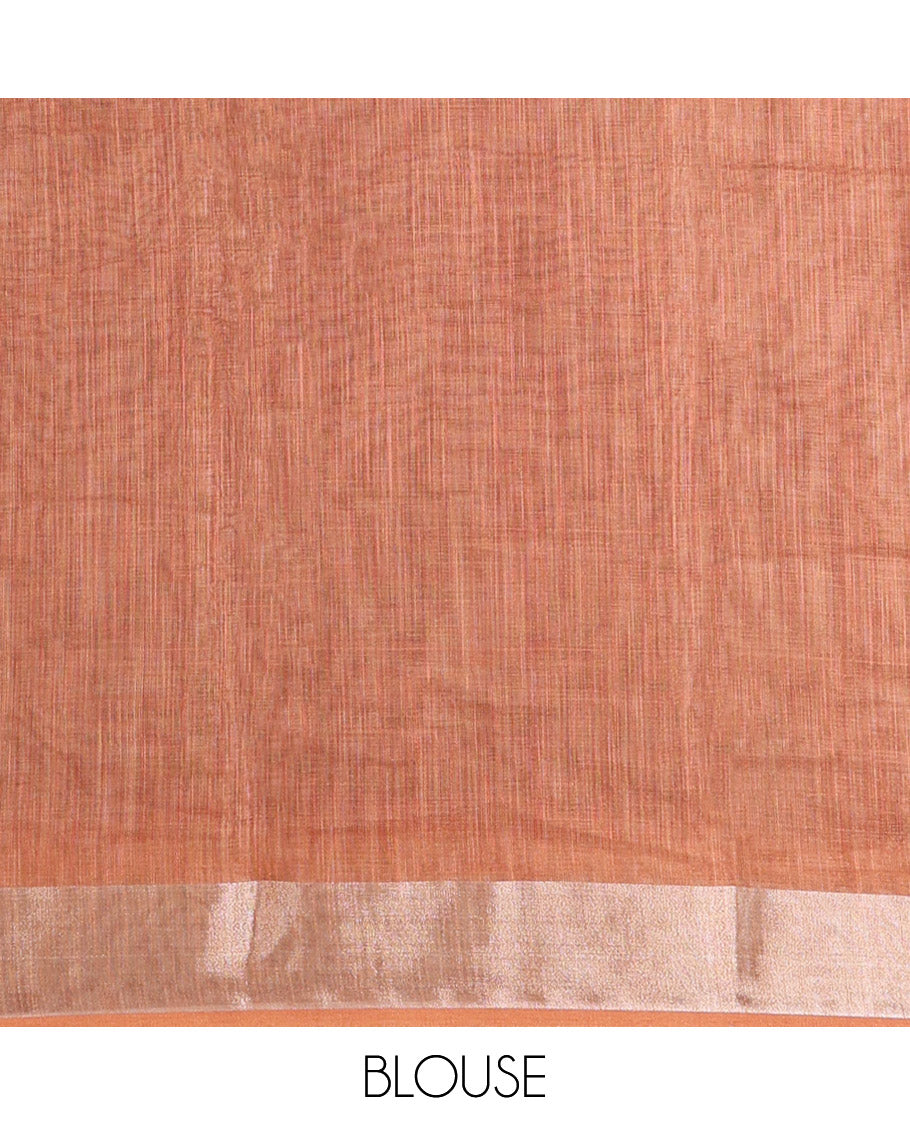 Green Linen Cotton Saree, Elevated with Geometric Print on Its Body, Complemented by Contrast Zari Border, Geometric Printed Pallu, and Paired with a Contrast Blouse