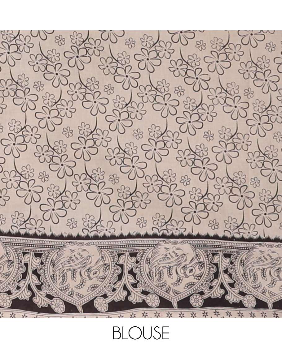 Green intricate design machine printed kalamkari cotton saree with contrast border&peacock inspried design pallu