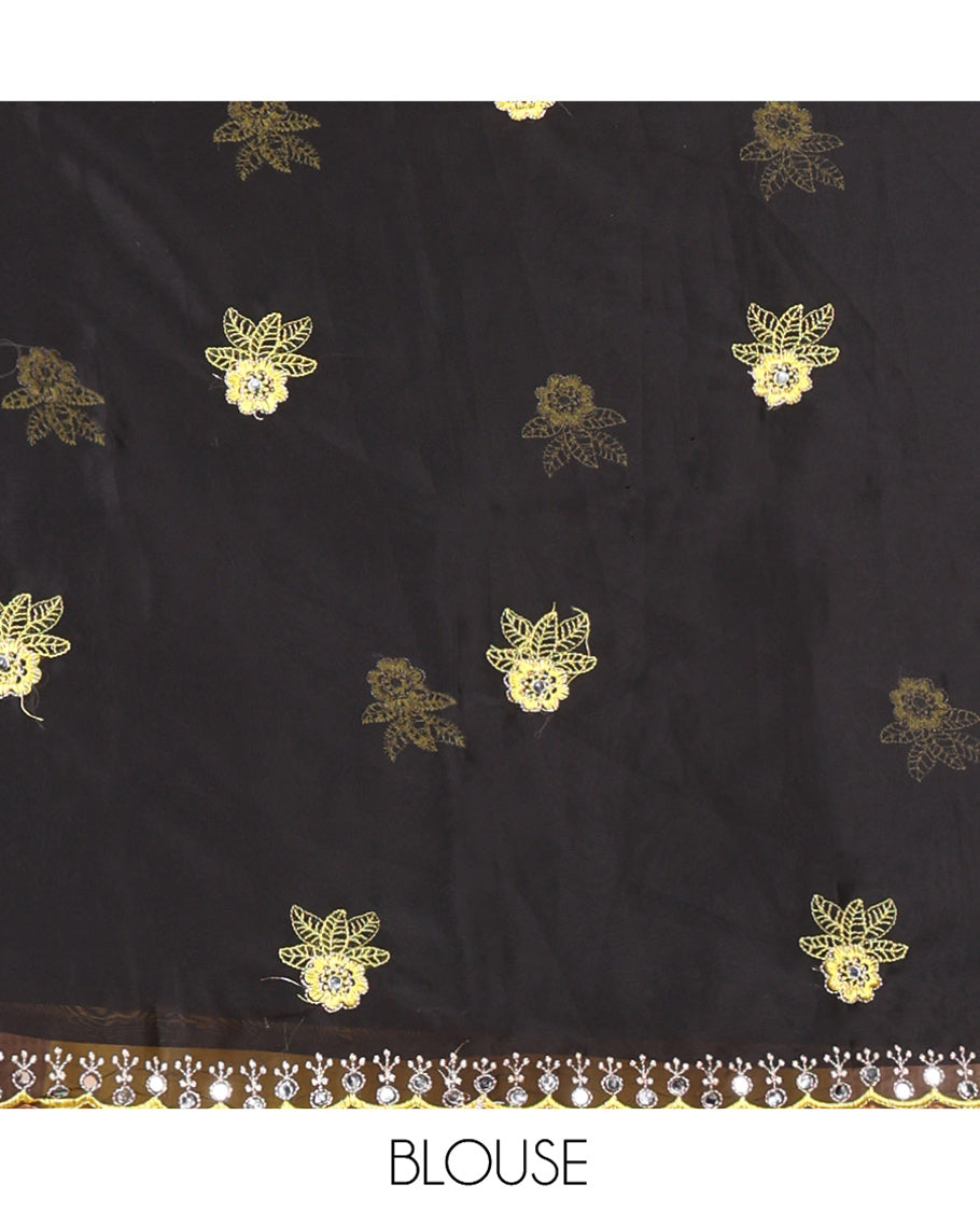 Yellow Rangoli Chiffon Saree, Beautified with Flower-Style Motifs Embroidered on Its Body, a Subtle Scallop Embroidered Border, a Self-Pallu, and Paired with a Contrast Embroidered Blouse