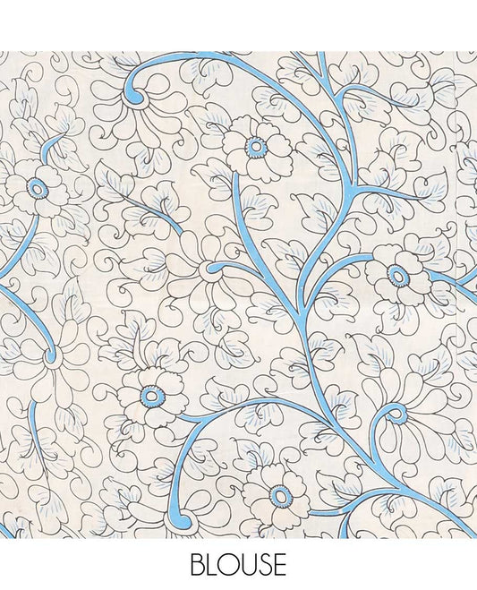 Blue floral machine-printed kalamkari cotton saree, contrast human motifs border & pallu of animal motifs