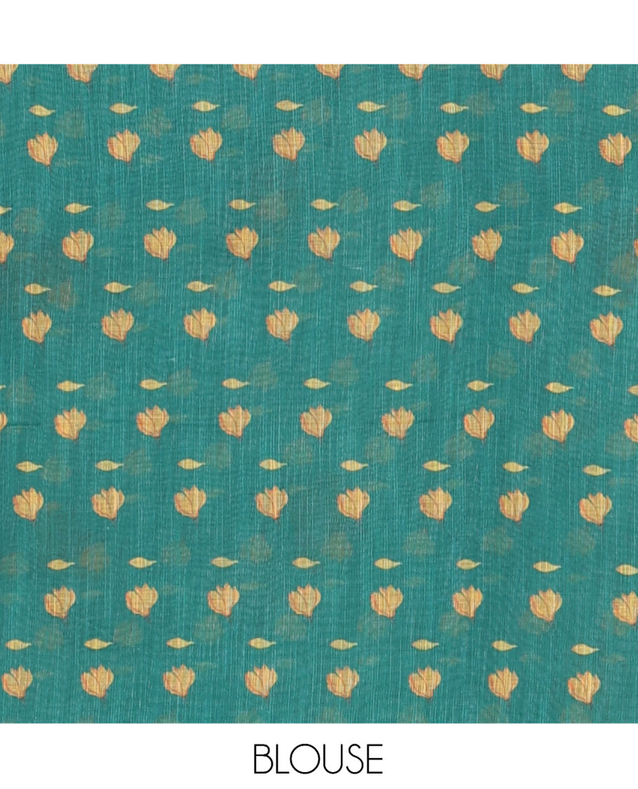 Borderless Rama Floral Motif Printed Linen Cotton Saree Comes with a Contrast Printed Blouse