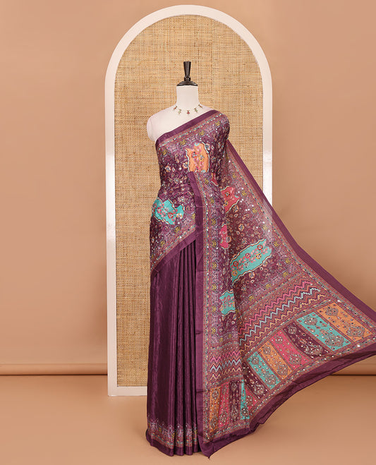 Purple geometric patterns kaleidoscope-colored printed & mirror embroidered half-&-half masakali saree, printed border & pallu of  embroidery work & plain blouse