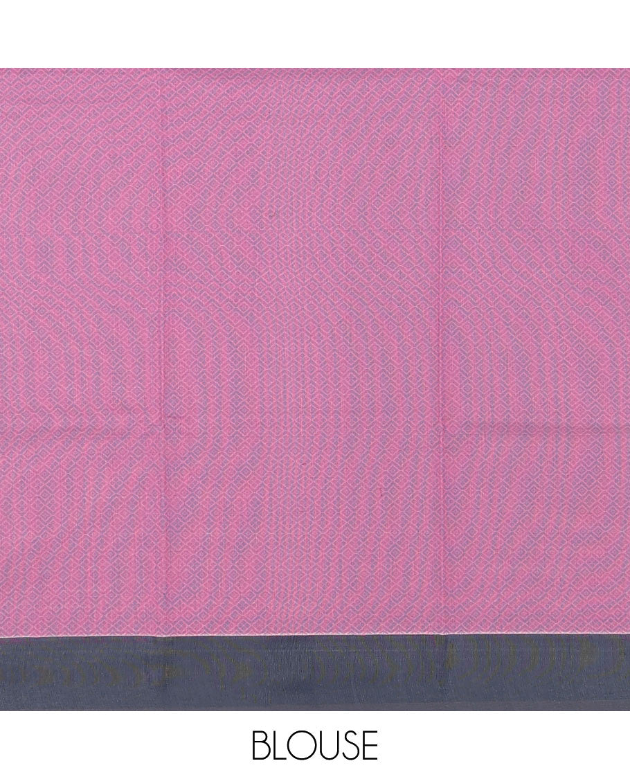 Pink Semi-Silk Cotton Saree, Subtly Sparkled with Buttas All Over Its Body, Complemented by Contrast Border, Geometric Patterned Pallu, and Paired with a Matching Blouse