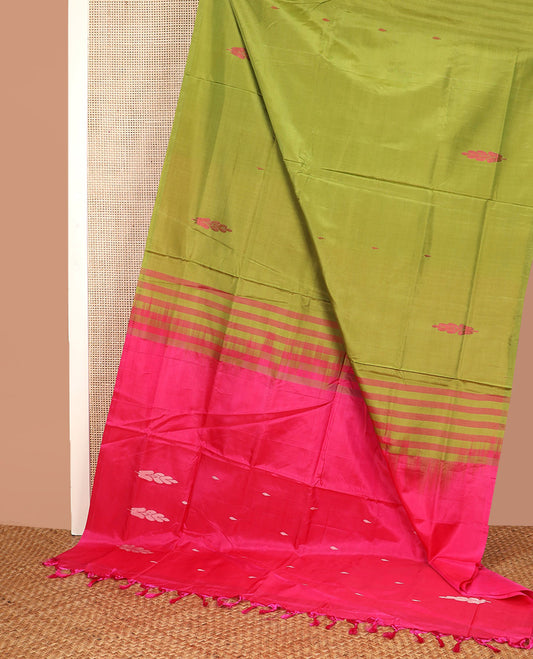 Borderless Green Banana Pith Saree, Gleamed Up with Buttas All Over Its Body, Complemented by a Contrast Pallu of Unique Buttas, and Paired with a Contrast Blouse