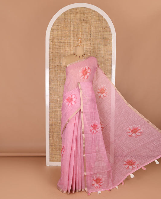 Baby pink daisy floral printed linen cotton saree, gold zari piping border, daisy floral printed pallu, and matching  floral printed blouse