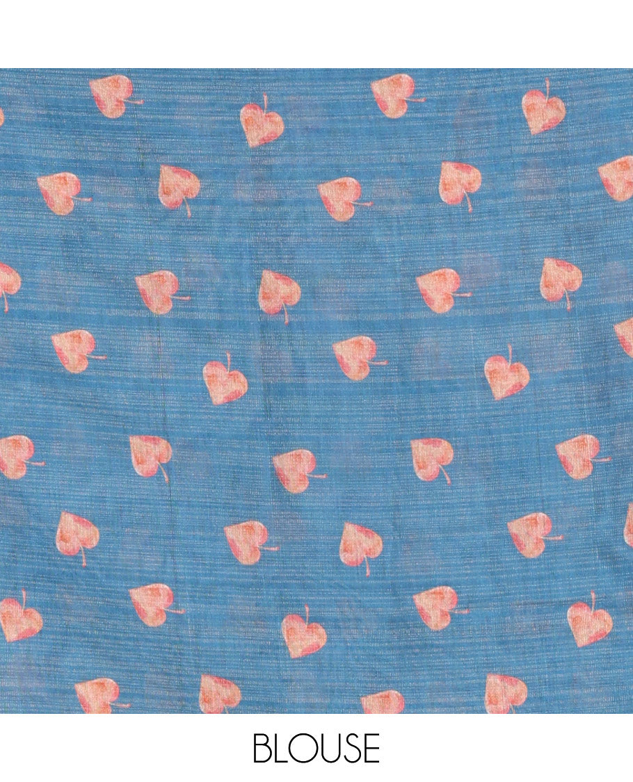 Borderless Blue Tissue Saree, Highlighted by Big Leaf Motifs Print, and Outline Embroidery All Over the Saree, Paired with a Subtle Leaf Motifs Printed Blouse