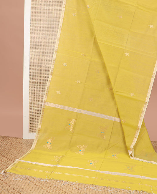 Yellow motifs maheswari cotton saree with contrast zari design border & butterfly motifs pallu