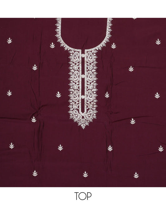 Maroon chudidhar material set, floral embroidery, sequins top , red plain bottom & floral vine zari design dupatta