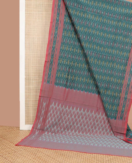 Green ogee design ikkat cotton saree with contrast floral border & arrow design pallu