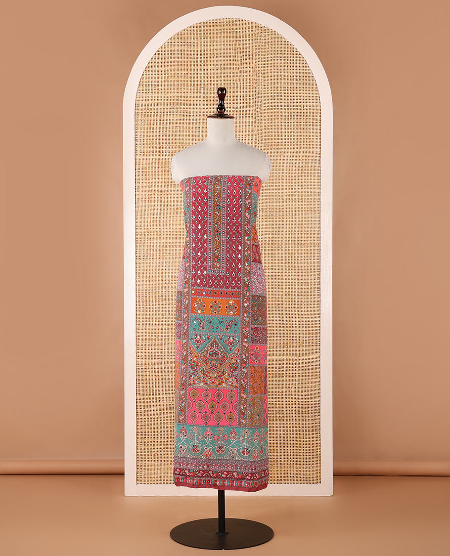 Pink chudidar material set, geometric printed with mirror work crepe top, geometric printed & work chinon kaleidoscopic-colored chinon dupatta & plain crepe bottom
