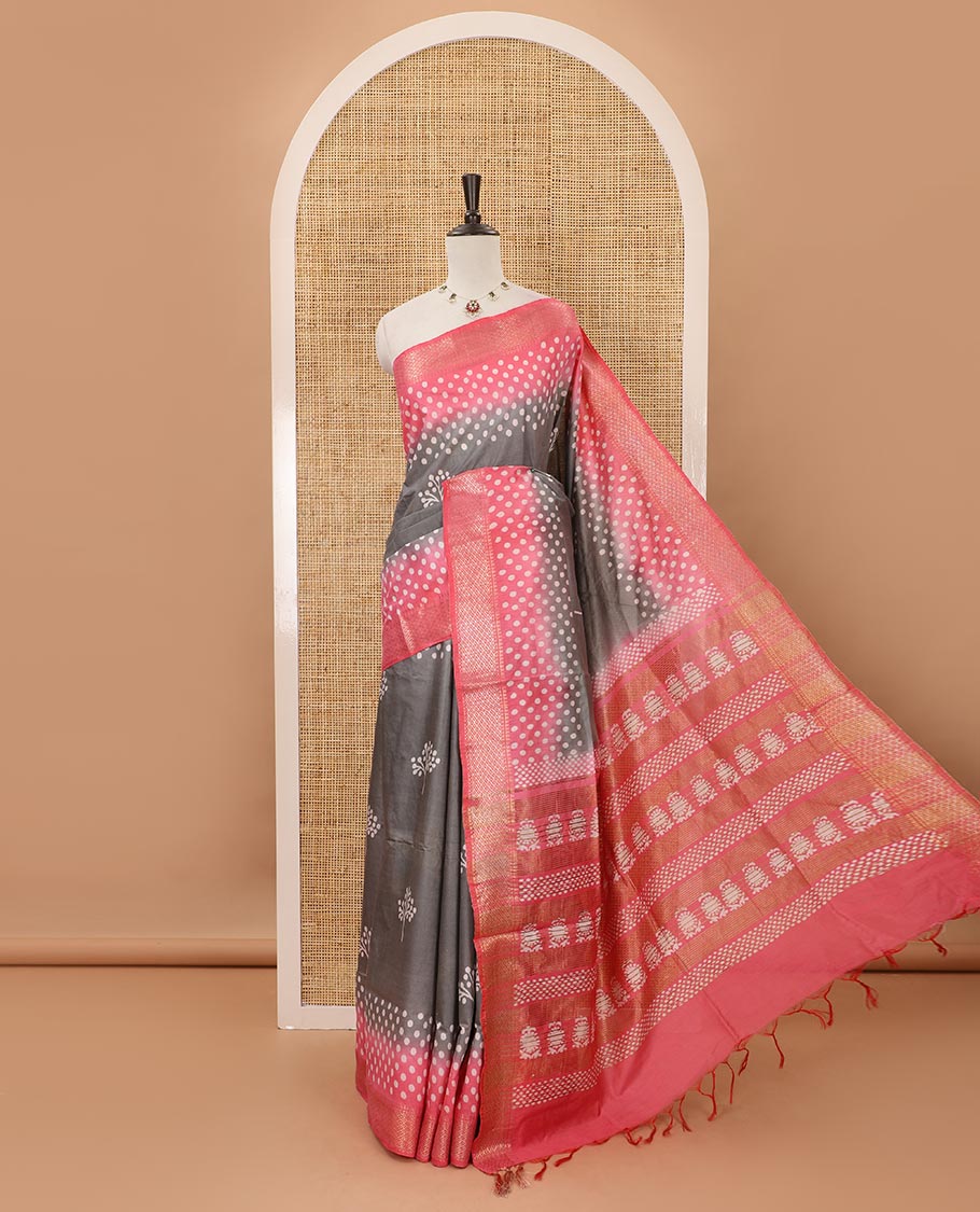 Grey batik printed Bhagalpuri cotton saree, contrast gold zari diamond-patterned border, printed pallu & pink blouse of print & zari work