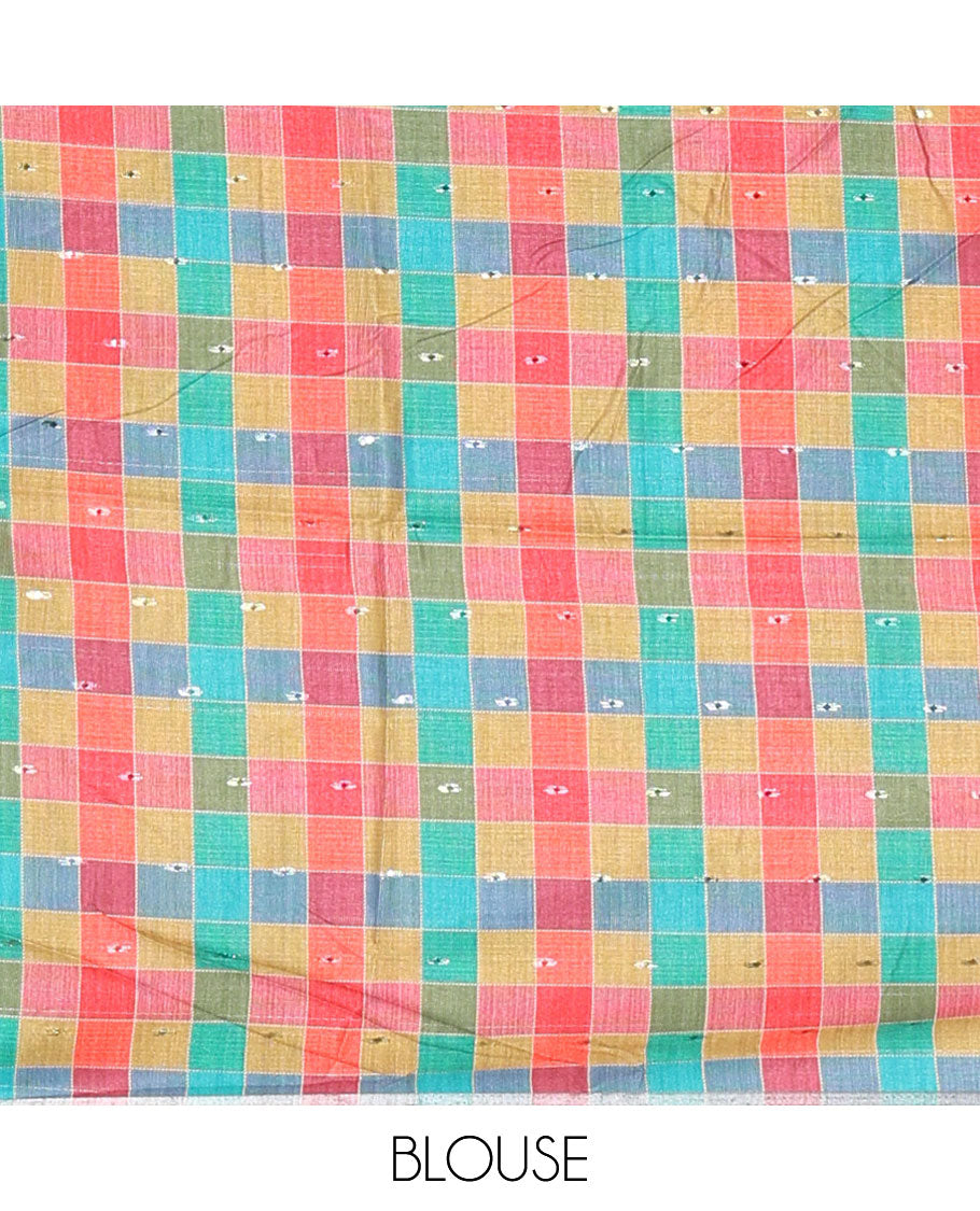 Cream zari buttas Kathan silk saree, contrast border & pallu of multi-color checks & temple design, blouse of multi-color checks & buttas