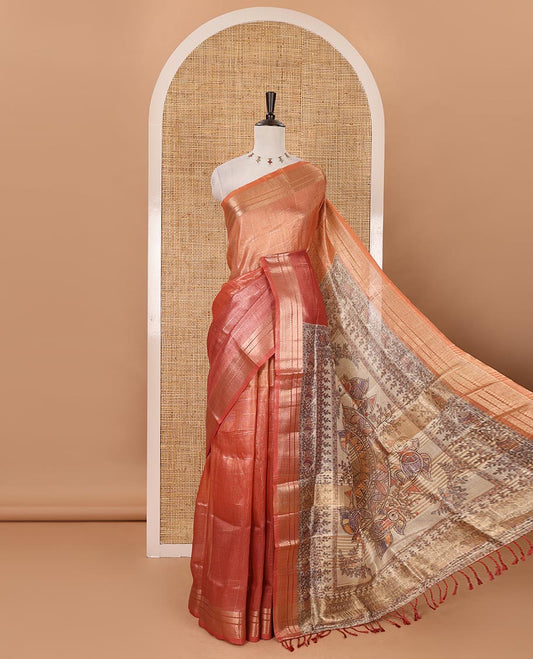 Orange-ombre zari checked tissue saree, gold zari design border, Madhubani-style digital printed pallu & Madhubani printed blouse