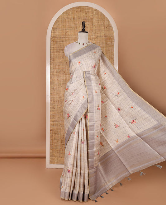 Grey Burberry checked & floral printed fancy tussar silk saree, zari woven border & zari checked pallu & matching blouse of striped & floral print