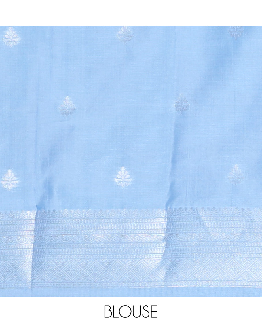 Blue Elite Soft Silk Saree, Subtly Sparkled with Ogee Jacquard Design, a Traditional Zari Border, Zari Pallu, and a Matching Blouse