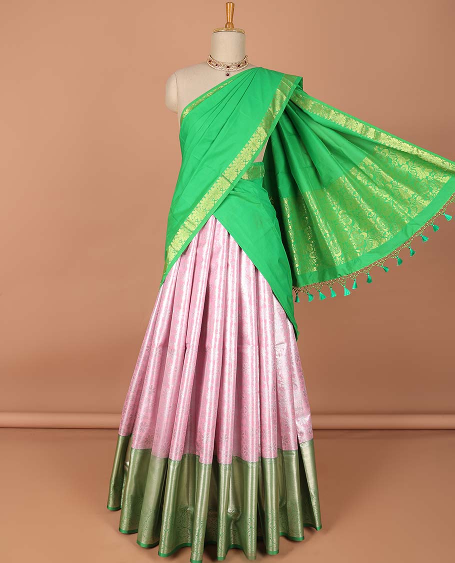 Pink  floral jaal jacquard art-silk half saree, contrast traditional zari border,zari design blouse & floral zari design dhavani