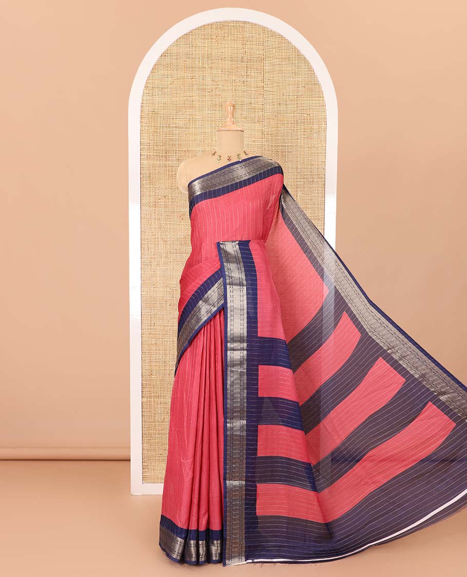 Pink vertically striped moss chiffon saree with contrast traditional zari design borders, striped pallu, and a contrast blouse