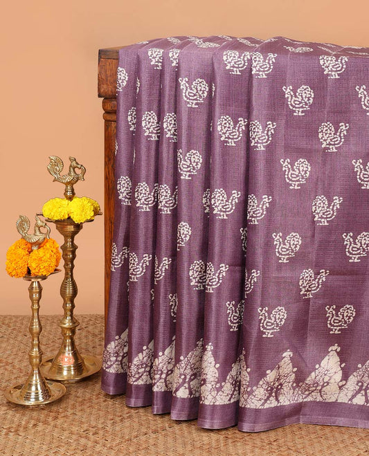 Wine color all-over pathik peacock print semi Khadi silk saree with pathil temple border & printed rich pallu along with printed blouse